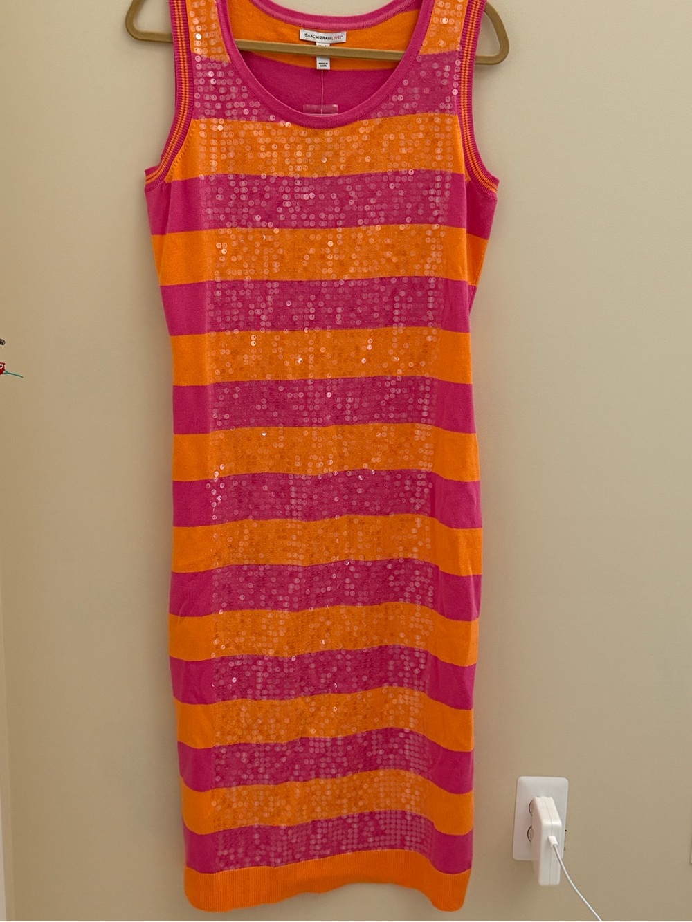 Isaac Mizrahi Pink and Orange Striped Crewneck sequin midi bodycon tank dress